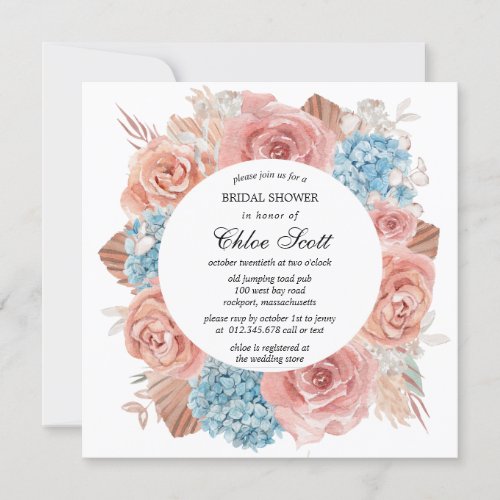 Premium Pink Rose Blue Hydrangea Bridal Shower Invitation