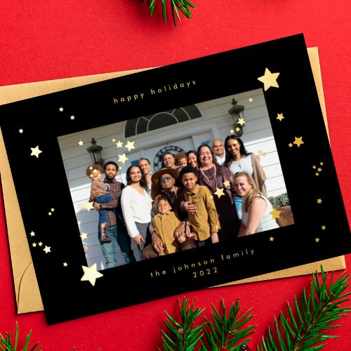 Premium Pressed Gold Stars Onyx Black Photo Happy Foil Holiday Card