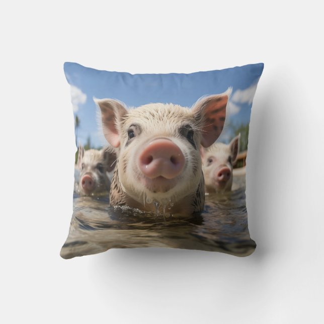 Premium Quality Bahamas Swimming Pigs Exuma Beach Throw Pillow (Back)