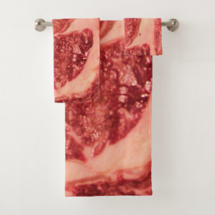 Premium Raw Red Meat   Marbled Steak Macro Photo Bath Towel Set
