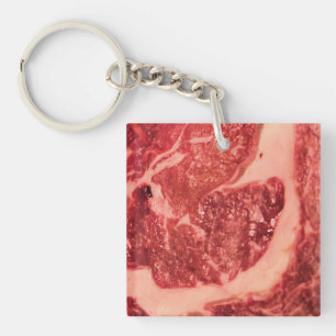 Premium Raw Red Meat   Marbled Steak Macro Photo Keychain