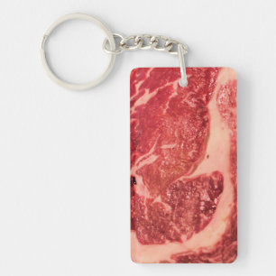 Premium Raw Red Meat Marbled Steak Macro Photo Keychain