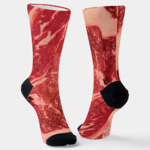 Premium Raw Red Meat   Marbled Steak Macro Photo Socks