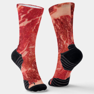 Premium Raw Red Meat   Marbled Steak Macro Photo Socks