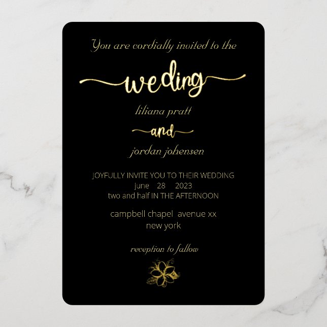 Premium Real Gold Elegant Monogram Black  Foil Inv Foil Invitation (Front)