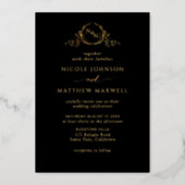 Premium Real Gold Elegant Monogram Black Wedding Foil Invitation (Front)