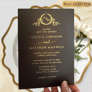 Premium Real Gold Elegant Monogram Black Wedding Foil Invitation by One2InspireDesigns at Zazzle