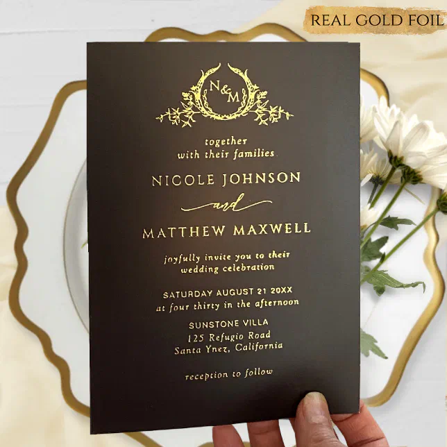 Premium Real Gold Elegant Monogram Black Wedding Foil Invitation | Zazzle