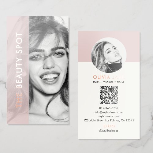 Premium Real Rose Gold Foil 2-Photo QR Code Business Cards