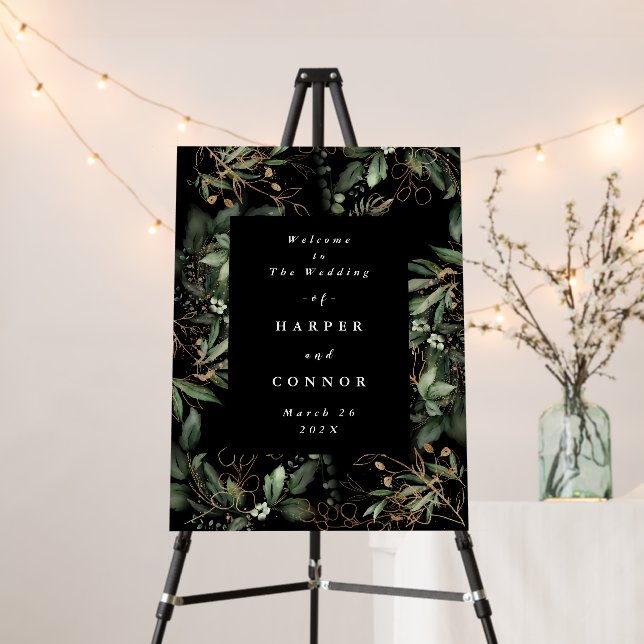 Premium Sage Modern Eucalyptus Black Wedding Sign (In Situ (Stand))