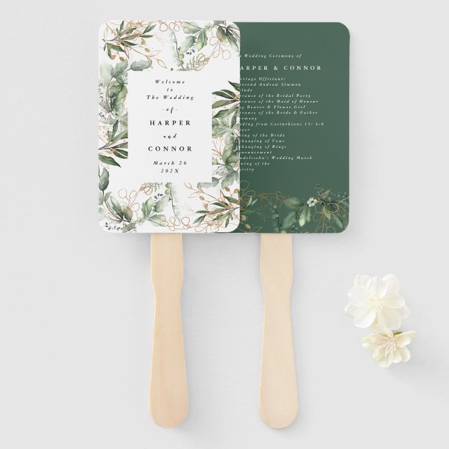 Premium Sage Modern Eucalyptus Green Wedding Hand Fan (Front and Back)