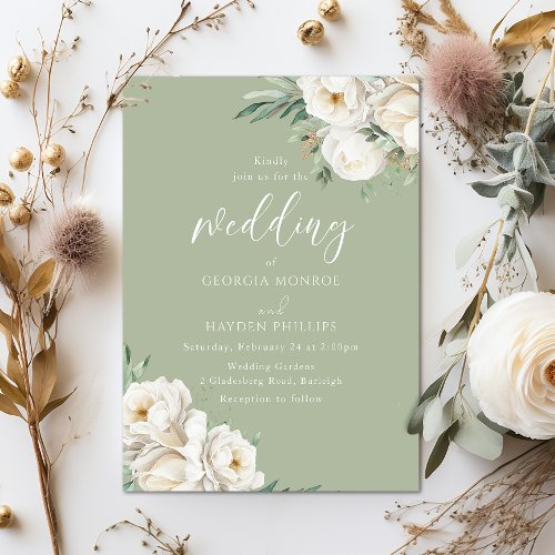 Premium Sage  White Floral Wedding  Invitation