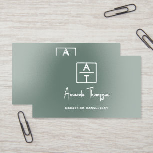 Premium Silver Foil Luxury Monogram Sage Green Business Cards