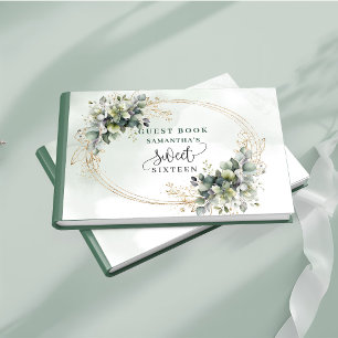Premium Sweet 16 watercolor green gold greenery Guest Book