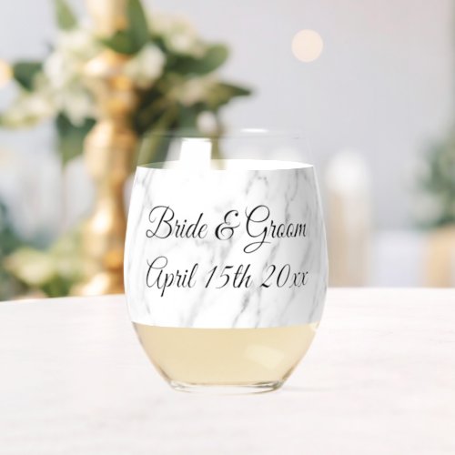 Premium wedding white marble print personalized  stemless wine glass