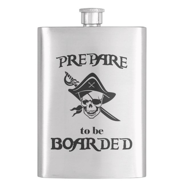 Prepare to be Boarded Black Pirate Skull Flask (Front)