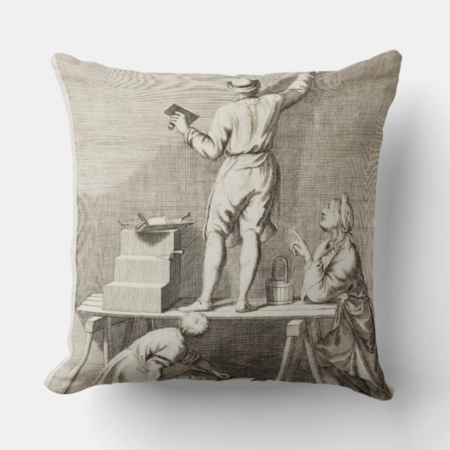 Preparing a wall for fresco painting (engraving) throw pillow (Front)