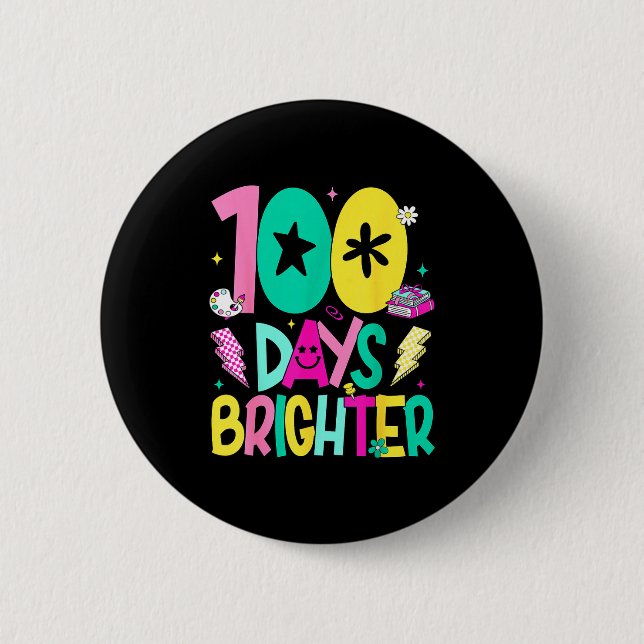 Preppy 100 Days Brighter Happy 100th Day Of School Button (Front)
