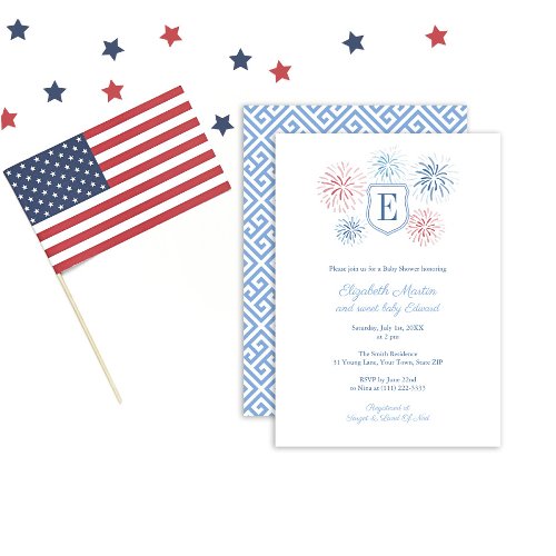 Preppy 4th July Monogram Boy Baby Shower Party Invitation