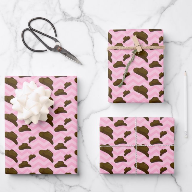 Preppy Aesthetic Pink Cowboy Cowgirl Wrapping Paper Sheets (Front)