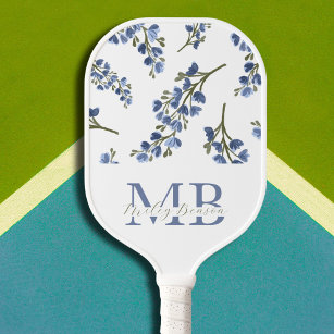 Preppy Aesthetic Retro Wildflowers Blue Monogram  Pickleball Paddle