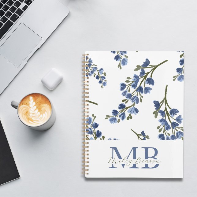 Preppy Aesthetic Retro Wildflowers Blue Monogram  Planner (Wildflower Floral Pattern Monogrammed 2024 Planner)