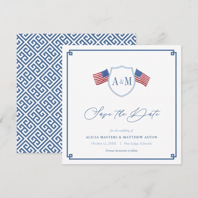 Preppy All-American Red White Blue Wedding Save The Date (Front/Back)
