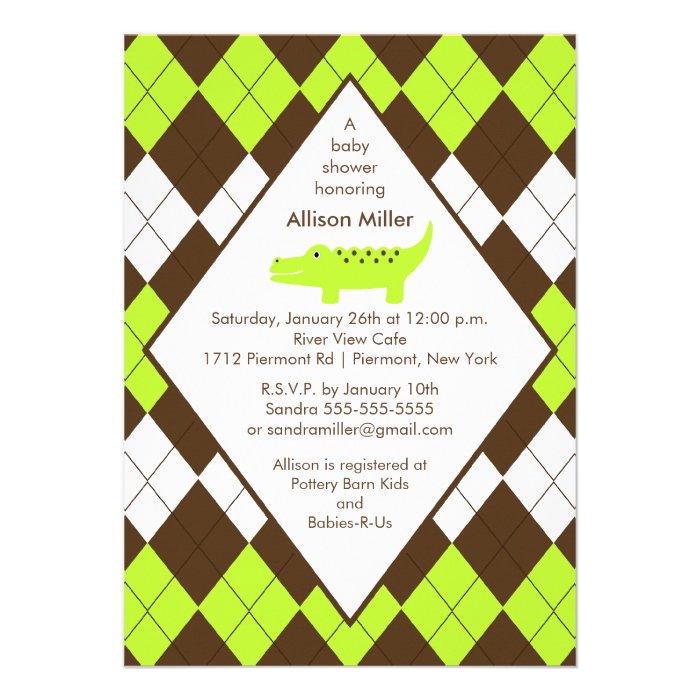 Preppy Alligator  Baby Shower Invitation LIme Blue