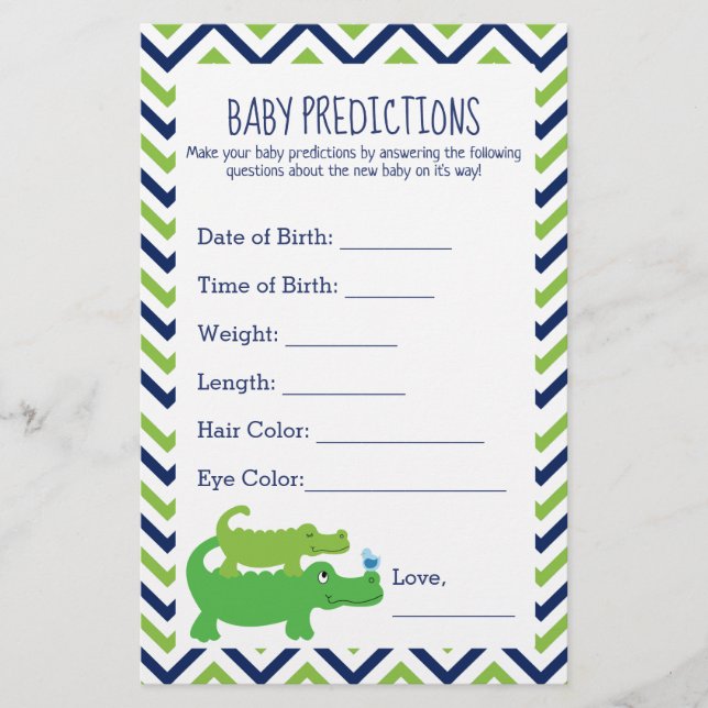 Preppy Alligator Baby Shower Predictions Card (Front)