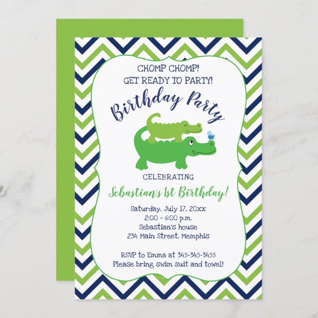 Preppy Alligator Crocodile Boy Birthday Invitation (Front/Back)