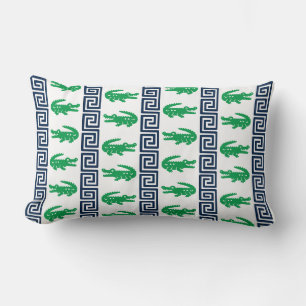Preppy Alligator Greek Key Stripe – Green & Navy Lumbar Pillow
