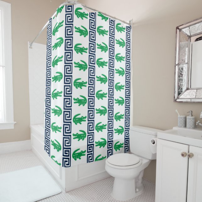 Preppy Alligator Greek Key Stripe - Green & Navy   Shower Curtain (In Situ)