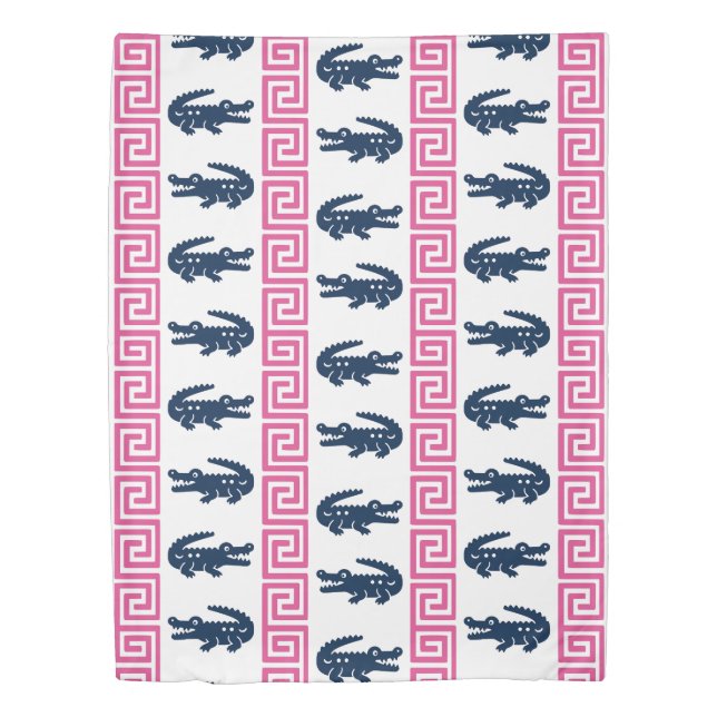 Preppy Alligator Greek Key Stripe – Hot Pink Navy  Duvet Cover (Front)