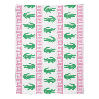 Preppy Alligator Greek Key Stripe – Pink & Green   Duvet Cover