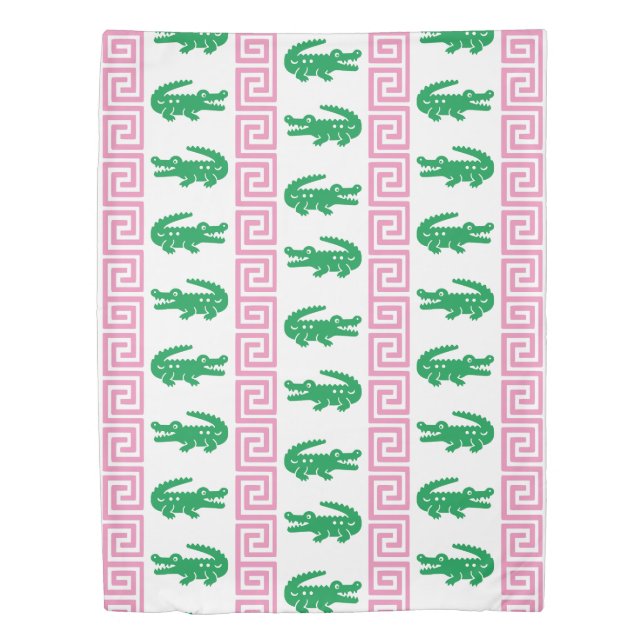 Preppy Alligator Greek Key Stripe – Pink & Green   Duvet Cover (Front)