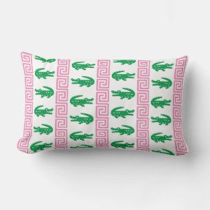 Preppy Alligator Greek Key Stripe – Pink & Green Lumbar Pillow