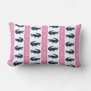 Preppy Alligator Greek Key Stripe – Pink & Navy Lumbar Pillow