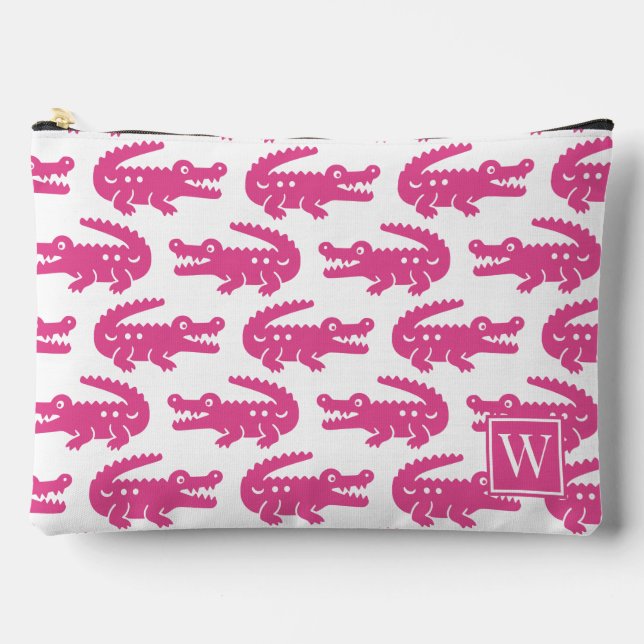 Preppy Alligator - Hot Pink & White Monogram Accessory Pouch (Front)
