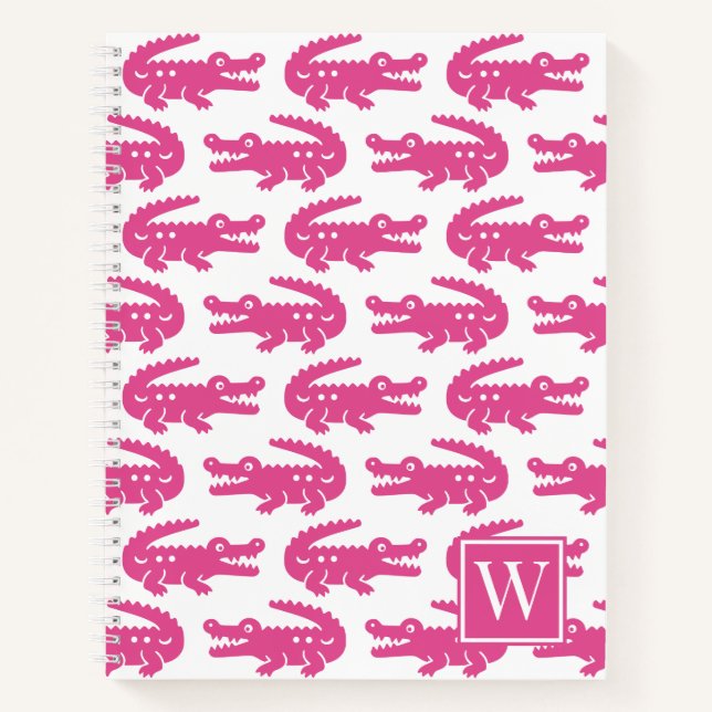 Preppy Alligator - Hot Pink & White Monogram Notebook (Front)
