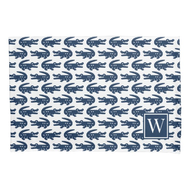 Preppy Alligator - Navy Monogram Pillow Case (Front)