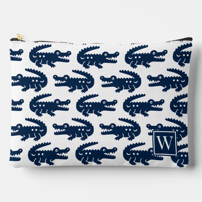 Preppy Alligator - Navy & White Monogram Accessory Pouch (Front)
