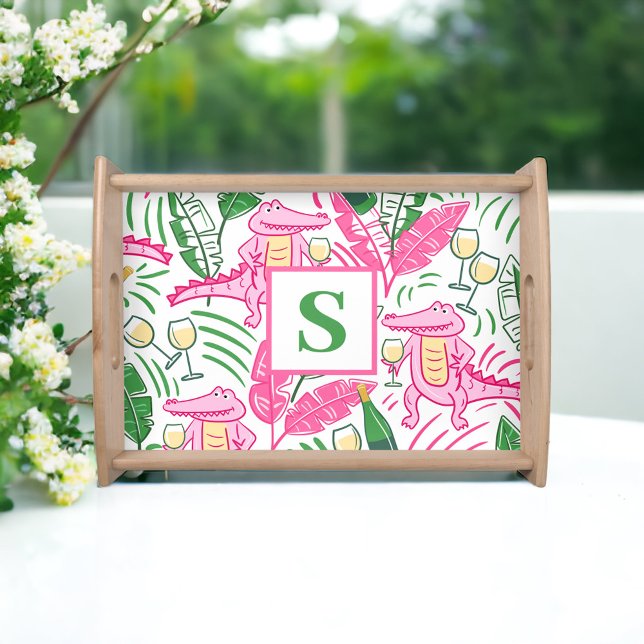 Preppy Alligator Wine Monogram Pink Green Serving Tray (Creator Uploaded)