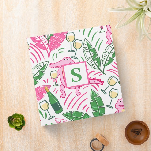 Preppy Alligator Wine Pink Green Monogram 3 Ring Binder (In Situ)