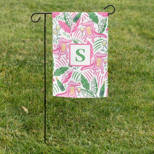 Preppy Alligator Wine Pink Green Monogram Garden Flag (In SItu)