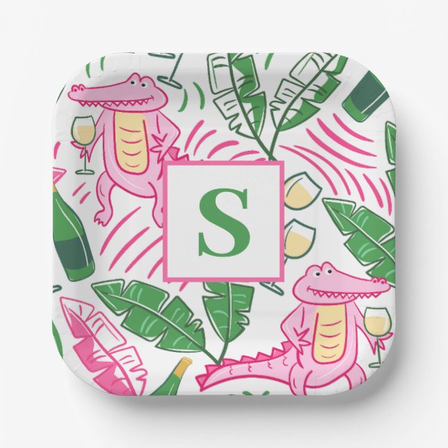 Preppy Alligator Wine Pink Green Monogram  Paper Plates (Front)