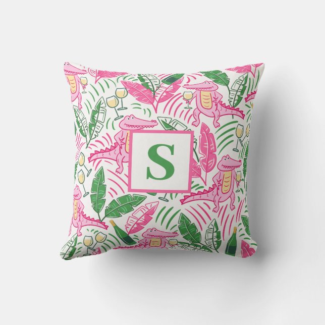 Preppy Alligator Wine Pink Green Monogram Throw Pillow (Back)