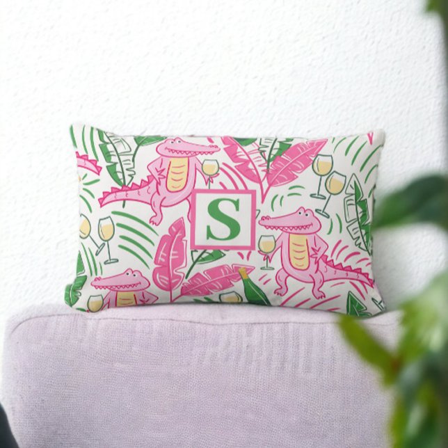 Preppy Alligator Wine Pink Green Monogram White Lumbar Pillow (Creator Uploaded)