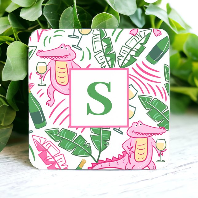 Preppy Alligator Wine Pink Green Monogram White Square Paper Coaster (Creator Uploaded)