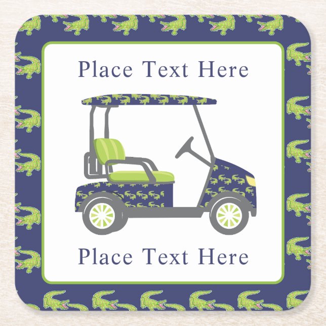 Preppy Alligators Golf Cart Square Paper Coaster (Front)