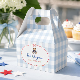 Preppy American Teddy Bear Blue Gingham Boy First Favor Boxes